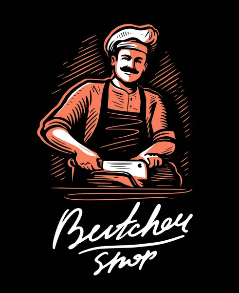 Emblema Carnicería Para Carnicería Chef Corta Trozo Carne Con Cuchillo — Vector de stock