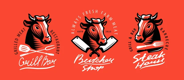 Cabeza Toro Logotipo Carne Emblema Para Envasado Del Mercado Carne — Vector de stock