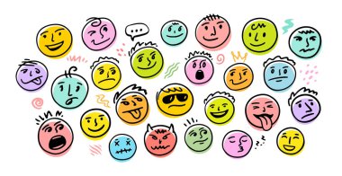 Emoji vektörü ayarlandı. Mutlu ve hüzünlü ruh hali ifadelerindeki duygusal karakterler. Vektör illüstrasyonu