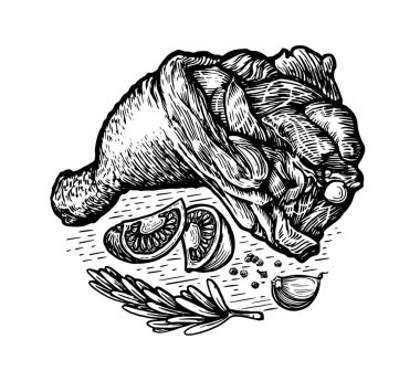 Tavuk budu bacağı yemeği. Kümes hayvanları eti, siyah-beyaz el çizilmiş kabartma vektör çizimi