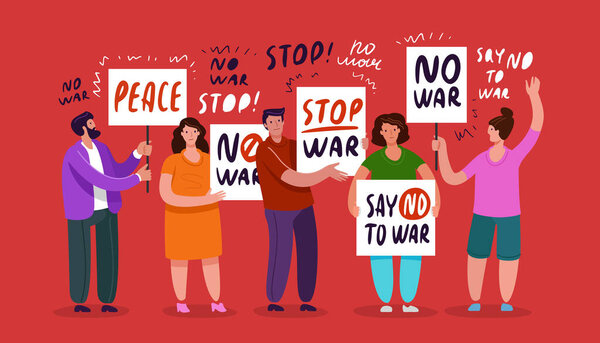 Crowd People Banners War War Demonstration Flat Vector Illustration — Stock Vector