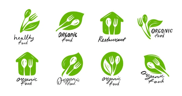 有機健康食品 フォーク スプーン 緑の葉 天然ロゴアイコンベクターテンプレート — ストックベクタ