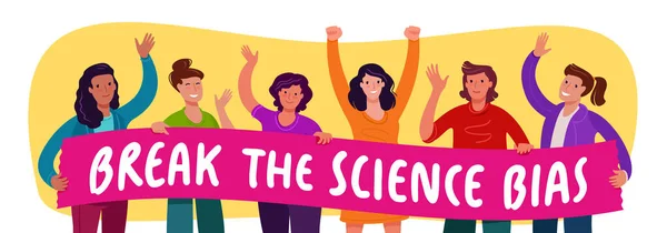 異なる人種 性別のアイデンティティを持つ幸せな女性の旗碑文 Break Science Bias — ストックベクタ