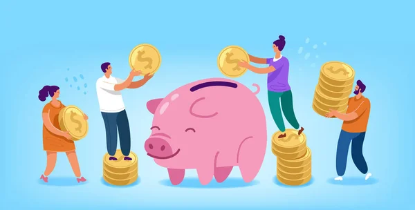 People Carry Coins Put Money Piggy Bank Finance Concept Vector — Stock Vector
