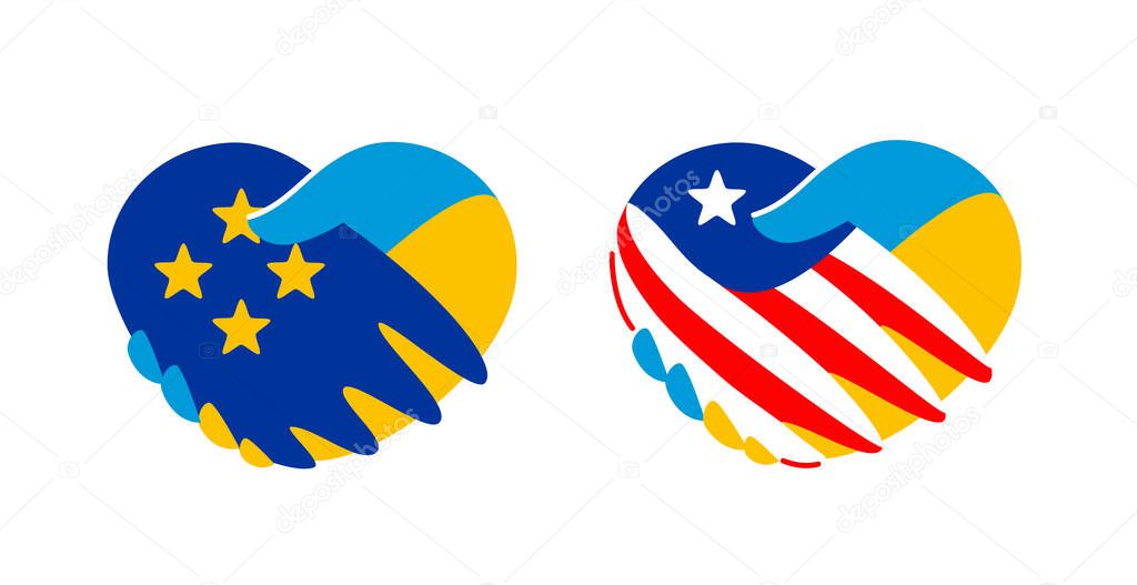 Handshake between Ukraine and European Union, USA. Economic relations and support symbol
