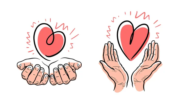 Coração Símbolo Mãos Caridade Emblema Filantropia Ilustração Vetorial Desenhada Mão — Vetor de Stock
