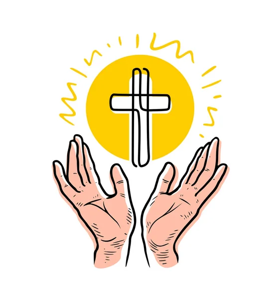 Ręce Podniesione Modlitwie Krzyżu Jako Symbol Wiary Boga Ilustracja Wektora — Wektor stockowy