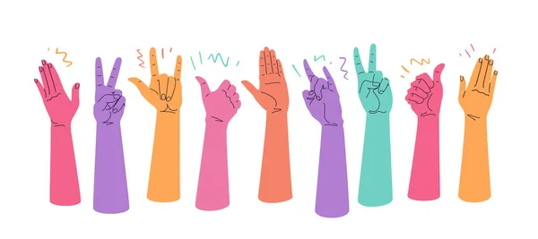 Raised Hands Gestures Express Happiness Success Crowd People Rejoice Vector — Stock Vector