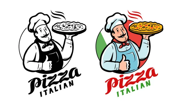 Emblema Chef Engraçado Com Pizza Fundo Bandeira Italiana Ilustração Vetor —  Vetores de Stock