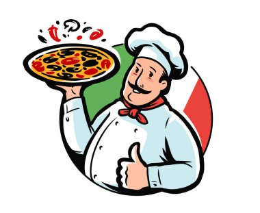 Komik karikatür çizimi İtalyan şef lezzetli pizza tutuyor. Restoran, pizza amblemi vektör çizimi