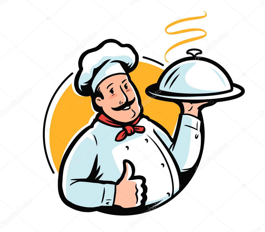 Cartoon chef character with tray emblem. Restaurant or cafe logo vector illustration