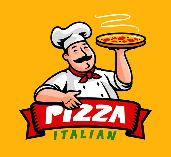 Cuoco Italiano Divertente Con Pizza Ristorante Design Emblema Cartone Animato — Vettoriale Stock