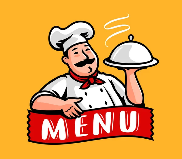 Postać Kreskówki Chef Logo Tacy Godło Projektowania Restauracji Lub Kawiarni — Wektor stockowy