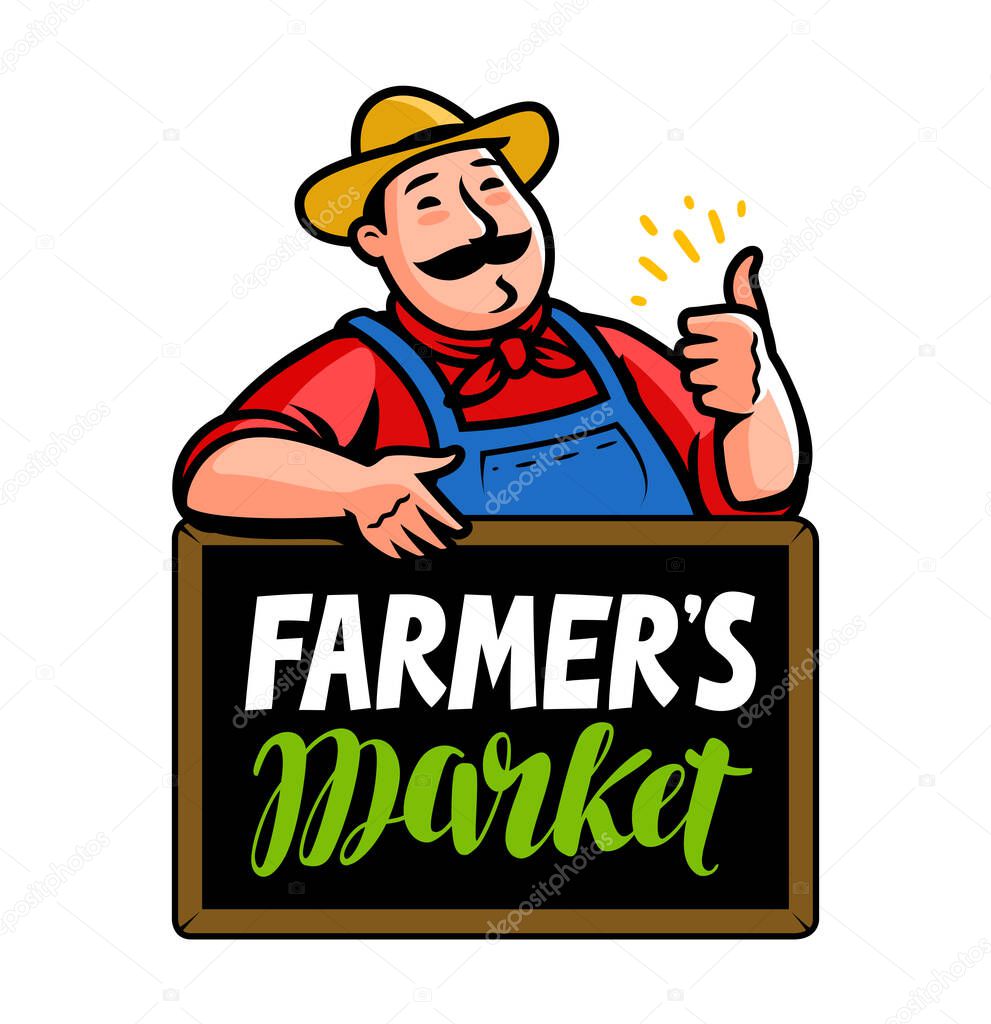 Farmer with sign board for farmers market design in cartoon style. Organic food concept vector illustration