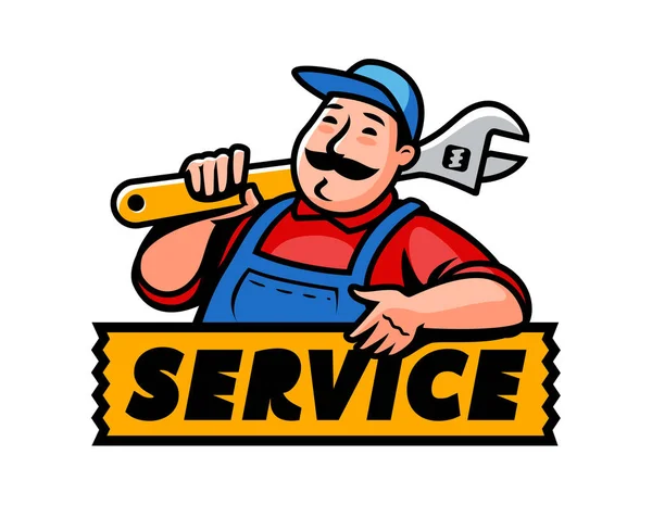 Bauarbeiter Mit Schraubenschlüssel Oder Werkzeug Service Reparatur Klempnerarbeiten Emblem Cartoon — Stockvektor