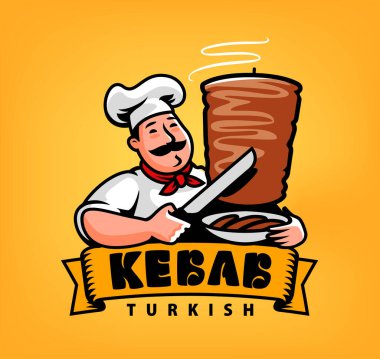 Şef kebap pişiriyor. Arap mutfağı logosu. Fast food menüsü amblemi