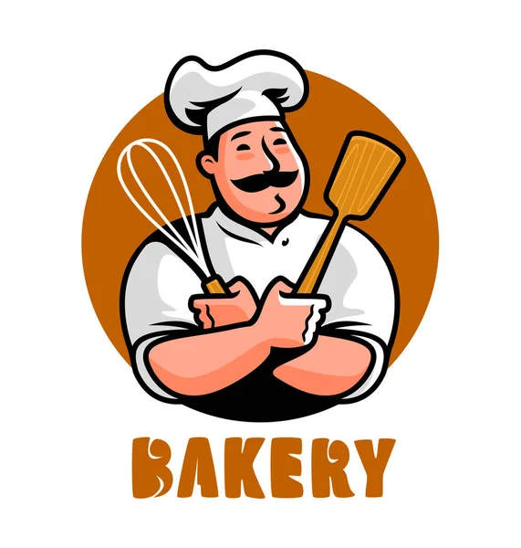 Bakkerij Logo Grappige Chef Kok Bakker Stripfiguur Embleem Vector Illustratie — Stockvector