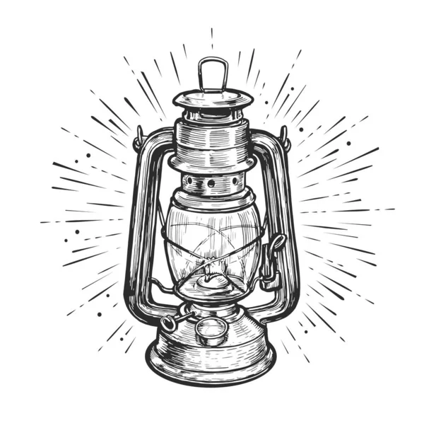 Oil Lantern Kerosene Lamp Rays Light Hand Drawn Sketch Vintage — Stock Vector
