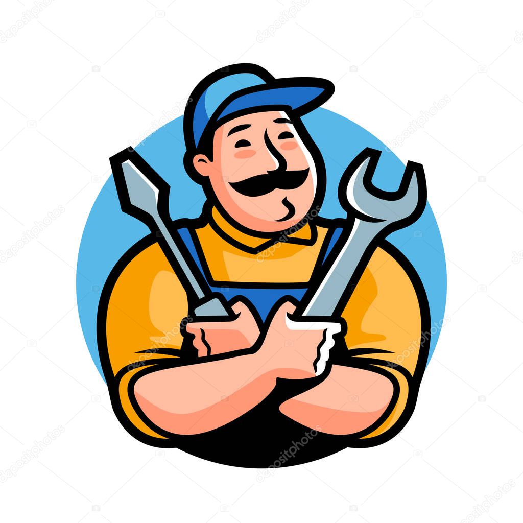 Workshop logo. Emblem mechanic with construction tools for auto repairing. Cartoon character vector illustration