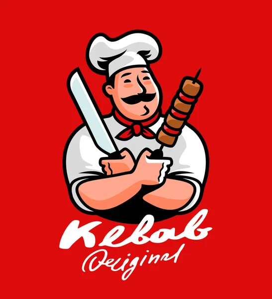 Grappige Chef Koken Kebab Stripfiguur Arabisch Keuken Logo Fastfood Menu — Stockvector