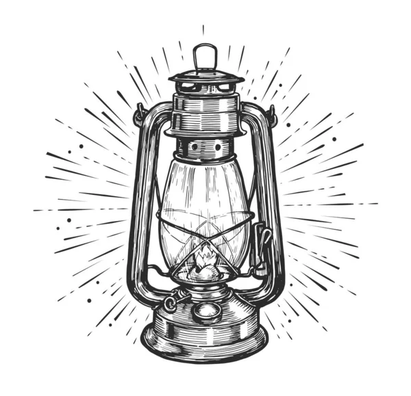 Vintage Glowing Lantern Hand Drawing Engraving Style Kerosene Lamp Sketch — Stock Vector