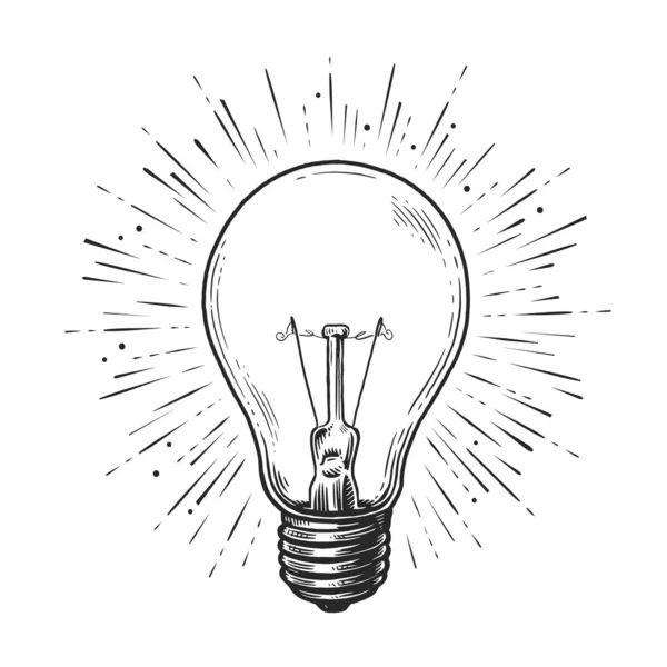 Glowing Light Bulb Rays Lamp Sketch Vintage Vector Illustration — Stock Vector