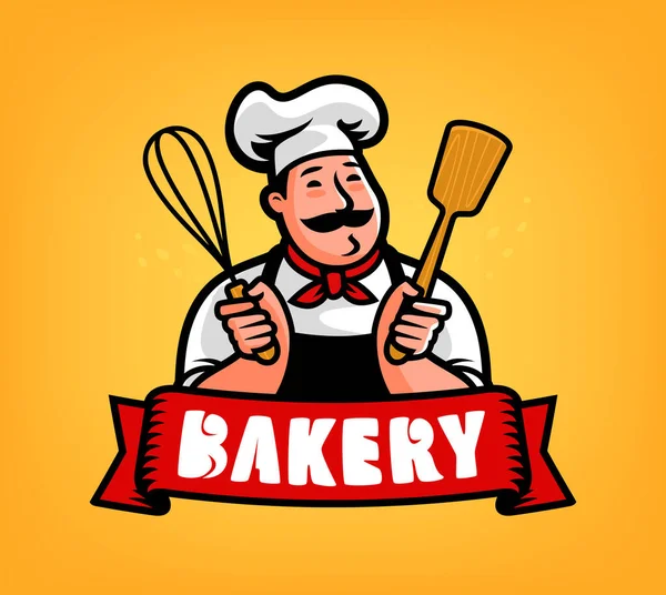 Logotipo Padaria Personagem Desenho Animado Chef Padeiro Ilustração Vetorial Emblema — Vetor de Stock