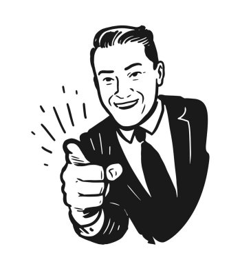 İşadamı eski moda sanat eserlerini işaret ediyor. İşaret parmağı. Tanıtım vektörü illüstrasyonu