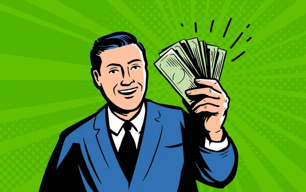 Επιχειρηματίας Κοστούμι Στέκεται Μετρητά Δολάρια Δείχνει Χρήματα Ευτυχής Υπάλληλος Που — Διανυσματικό Αρχείο