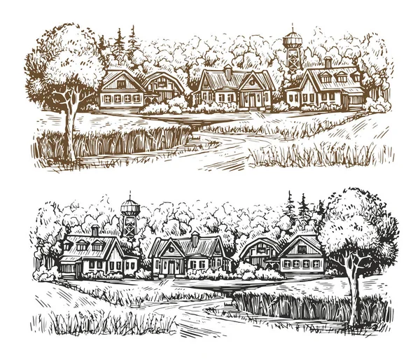 Village Landskap Landsbygd Väg Ritning Skiss Illustration Vektor — Stock vektor