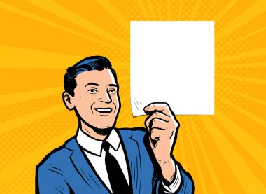 Eski çizgi roman sanatında iş adamı boş duruyor. Sunum, reklam konsepti vektör illüstrasyonu