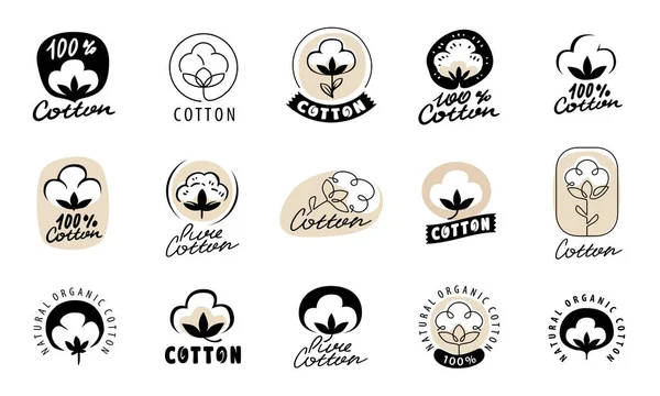 Set Etichette Distintivi Cotone Icona Vettoriale Adesivo Timbro Tag Con — Vettoriale Stock