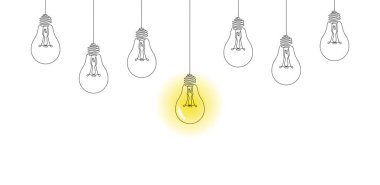 Ampuller tek parlaklıkla aşağı sarkıyor. Yaratıcı fikir, iş konsepti vektör çizimi