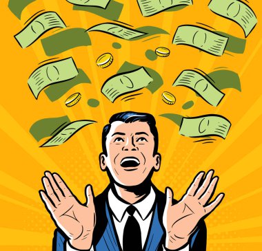 Dolarlar üzerine yağarken mutlu bir işadamı. Gelirler, mali başarı, para konsept vektör çizimi