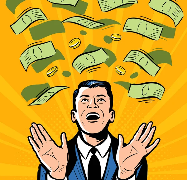 Dolarlar üzerine yağarken mutlu bir işadamı. Gelirler, mali başarı, para konsept vektör çizimi