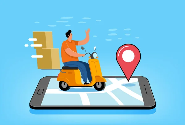 Snelle Levering Online Concept Courier Scooter Met Pakketritten Smartphone Scherm — Stockvector