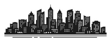 Şehir silueti. Yatay şehir manzarası. Yüksek gökdelenleri ve şehir binaları olan panorama mimarisi. Vektör illüstrasyonu