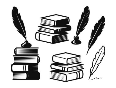 Books and feather quill pen. Education symbol. Literature concept vector