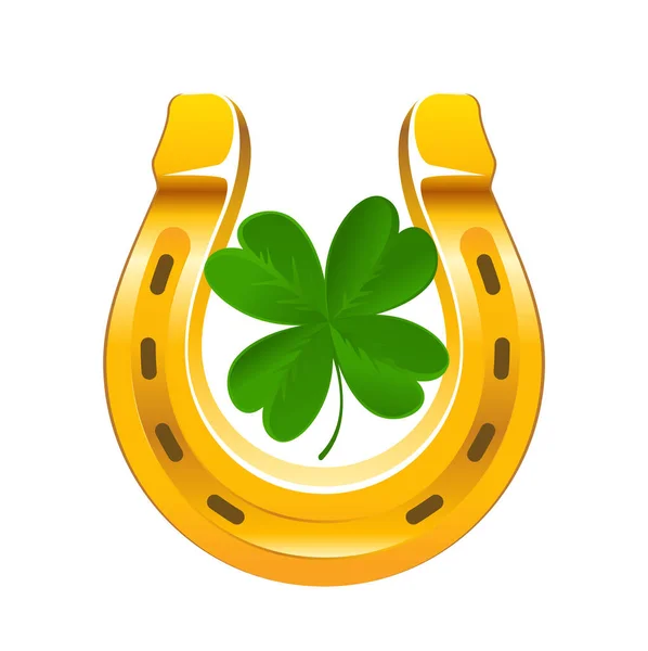 Golden Horseshoe Quatrefoil Clover Patricks Day Holiday Symbol — Stock Vector