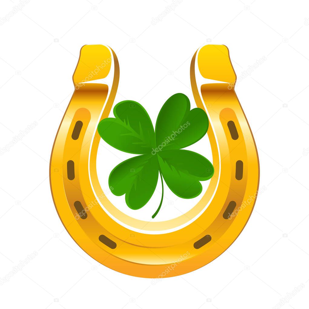 Golden horseshoe and quatrefoil clover. Patricks Day holiday symbol