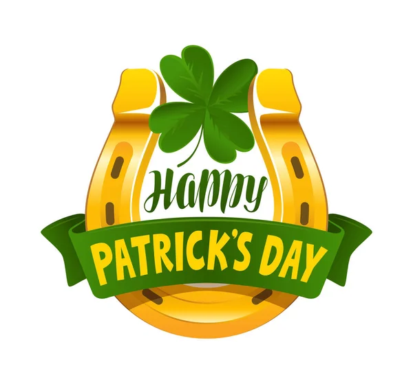 Happy Patrick Day Golden Horseshoe Four Leaf Clover Vector Illustration — ストックベクタ