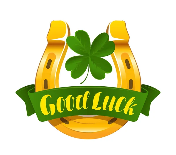 Goldenes Hufeisen Symbol Für Glück Und Erfolg Good Luck Schriftzug — Stockvektor