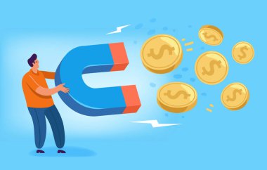 İş adamı para ya da zenginlik çekmek için para mıknatısı tutuyor. Başarılı iş konsepti yatırımları cezbediyor