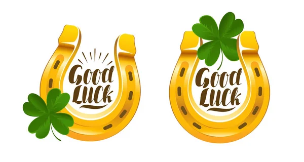 Horseshoe Clover Leaf Symbol Success Good Luck Lettering Vector — Stockvector