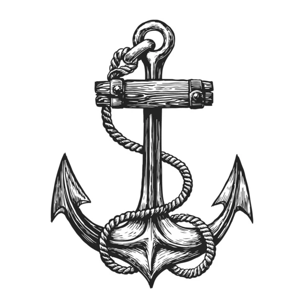 彫刻スタイルで描かれたロープとヴィンテージアンカー 手描きの航海記号 ベクターイラスト — ストックベクタ