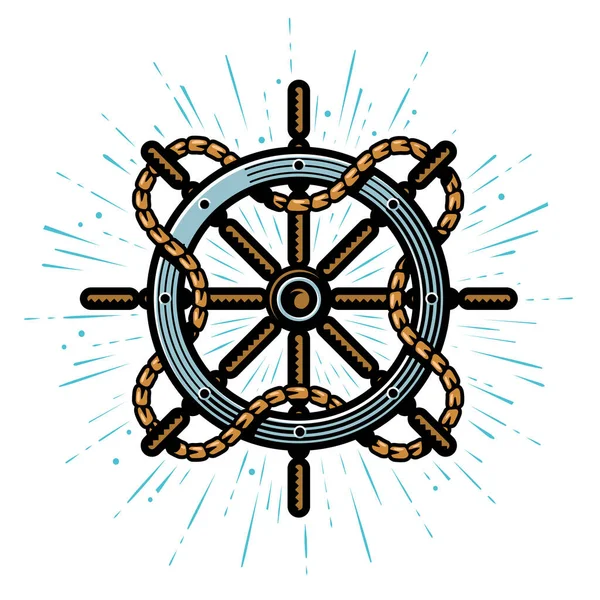 船舶方向盘和绳索在白色背景上隔离 航海的象征 海洋概念矢量 — 图库矢量图片