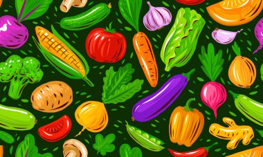 Fresh vegetables seamless pattern. Farm organic food concept. Background vector illustration clipart