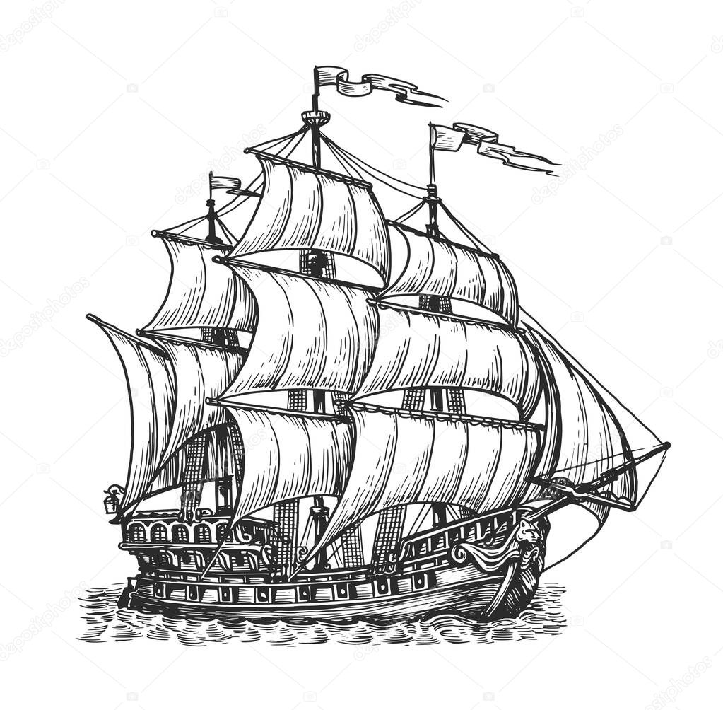 Retro sailing ship sailing on waves. Hand drawn vector sketch. Nautical retro water transport in vintage engraving style