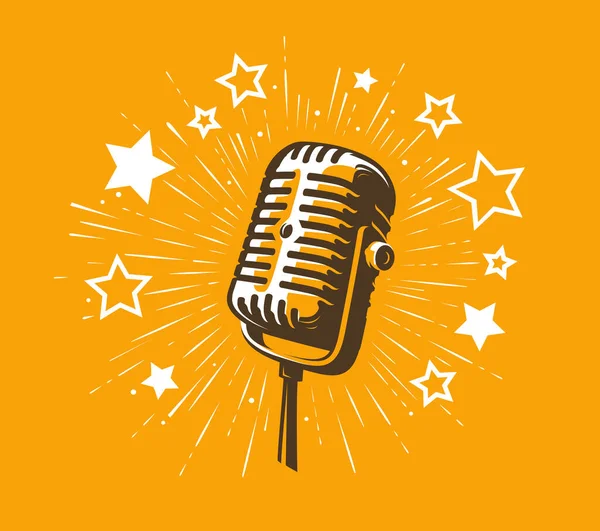 Karaoke Party Symbol Retro Microphone Stars Emblem Vector Illustration — Archivo Imágenes Vectoriales
