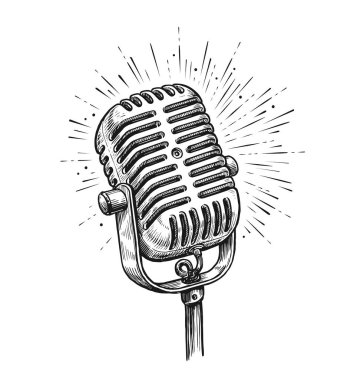 Retro old microphone isolated on white background. Hand drawn vintage vector illustration